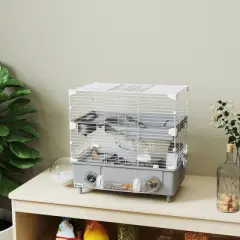 PawHut 2-Tier Hamster Cage, Hamster Habitat with Sand Bathroom, Running Wheel, Water Bottle, Tubes, Accessories, 17.5" x 11" x 17", Gray