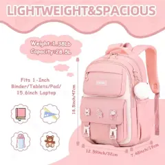Hachikiko 15.6 Inch Laptop School Bag with Reflective Strip, Cute Kawaii Backpack for Elementary & Middle School,Pink Girls Backpack for Ages 6-14