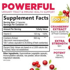 Cranberry Extract Capsules Vitamin C (25000mg Formula) - Natural Urinary Support - 60 Count;120 Count