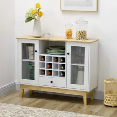 HOMCOM Glass Door Bar Cabinet with Storage in 12-Bottle Wine Rack, Drawer, & Shelves, Sideboard Buffet Cabinet Kitchen & Dining Room Cabinet, White