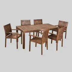 Fallon 7pc Acacia Wood Patio Dining Set: Weather-Resistant, 6 Arm Chairs - Christopher Knight Home
