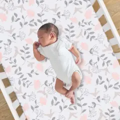 Lambs & Ivy Petals White/Pink/Gray Floral 100% Cotton Fitted Crib/Toddler Sheet