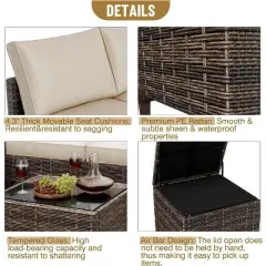 Acekool 4 Piece Black PE Wicker Patio Furniture Set with Storage Table, Sectional Conversation Sofa, Glass Top & Beige Cushions for Outdoor Spaces