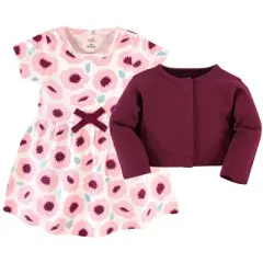 Touched by Nature Baby and Toddler Girl Organic Cotton Dress and Cardigan 2pc Set, Blush Blossom