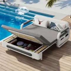 Luck Live Modern Patio Sofas 50.3in extendable pull Outdoor Sofa bed,Solid wood & White metal frame/Gray cushion with storage function