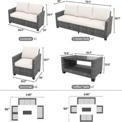 GustoWave 5-Piece Patio Furniture Set with Rattan Chairs, Glass Table and Cushions for Porch, Balcony, Backyard, Garden, Poolside, Gray