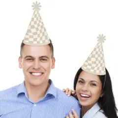 Big Dot of Happiness Tan Checkered Party - Cone Happy Birthday Party Hats for Kids and Adults - Set of 8 (Standard Size)