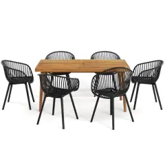 7-Piece Outdoor Patio Dining Set with PP Chairs, Acacia Wood Table Garden Furniture for Balcony or Terrace-Maison Boucle