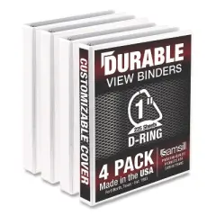 Samsill Durable D-Ring View Binders, 3 Rings, 1" Capacity, 11.5" x 8.5", White, 4/Pack
