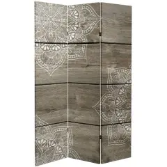 6" Double Sided Mandala On Oak Canvas Room Divider Beige - Oriental Furniture