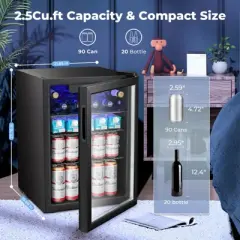 R.W.FLAME 95 Can Beverage Cooler,Compact Fridge for Soda,Clear Glass Door,Quiet Compressor,Adjustable Temperature,Freestanding,2.4 Cu.ft