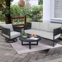International Concepts 3pc Woven Abaca Rope Outdoor Patio Conversation Furniture Sets with Sofa Coffee Table & Swivel Chair