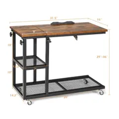 Costway C Shaped Side Table w/ Wheels Height and Tabletop Adjustable Storage Shelf