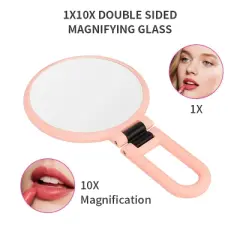 Mber Hand Mirror For Makeup Mirror Double Sided, 1X 10X Magnifying Mirror, Handheld Mirrors with Handle, Foldable Travel Hand Mirror With Stand Pink