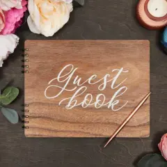 Paper Junkie Rustic Style Wooden Guest Book - Wedding Reception, Bridal Shower, Baby Shower Guest Book (112 pages, 11.25x8.75 In)