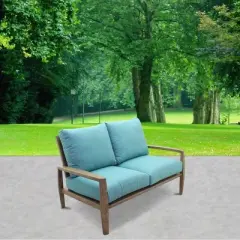 Courtyard Casual Avalon FSC Teak Loveseat Teak in Heather Gray finish Sling deck under cushion for comfort Sunbrella Fabric