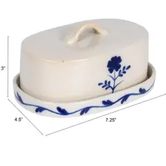 Storied Home Hand-Painted Stoneware Butter Dish with Flower, Blue and White