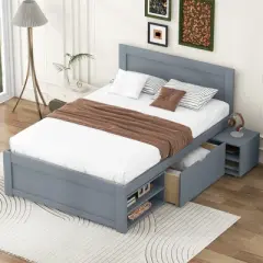 GDFStudio Elton 4 Piece Wood Storage Bedroom Furniture Sets with Headboard, Shelves, Drawer and Nightstand