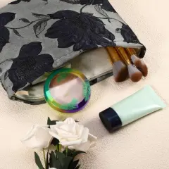 Unique Bargains Travel Canvas Floral Zipper-Closure Deep Blue 1 Pc