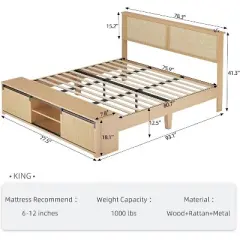 Rattan King Bed Frame - Boho Farmhouse Style w/Sliding Barn Door Storage & Headboard, Solid Wood Platform Base