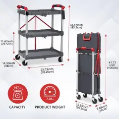 3 Tier Portable Collapsible Service Cart, Foldable Rolling Utility Cart with 360&iexcl;&atilde; Swivel Wheels, 2 Brakes, for Home Office Garage, Grey
