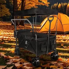 NAYSAYE Wagon Folding Cart Large Space Canopy All Terrain Wheels Brakes Adjustable Handle for Beach Camping, Black, 44.9"*20"*46.8"