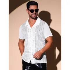 INSPIRE CHIC Men's Camp Collar Patchwork Short Sleeved Club Sequin Sheer Shirts