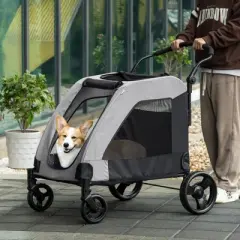 PawHut Pet Stroller Universal Wheel with Storage Basket Ventilated Foldable Oxford Fabric for Medium Size Dogs, Gray