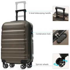 Syemin Luggage 20" Hardshell ABS Carry-On Luggage with Spinner Wheels Lightweight Travel Suitcase Set with Foldable Bag, Brown, 14.2"*9.4"*20.9"