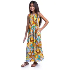 24seven Comfort Apparel Girls Yellow Floral Print Sleeveless Maxi Dress