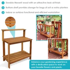 Sunnydaze Outdoor Meranti Wood with Teak Oil Finish Gardening Potting Bench with Storage Shelf - Brown