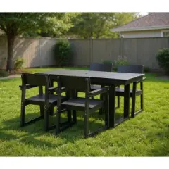 FIONECA 5-Piece HDPE Outdoor Dining Set with Umbrella Hole &uml;C Weather-Resistant Patio Table & 4 Armrest Chairs, Black