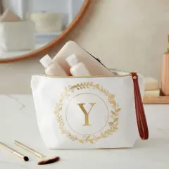 Gold Initial Y Personalized Makeup Bag for Women, Monogrammed Canvas Cosmetic Pouch (White, 10 x 3 x 6 In)