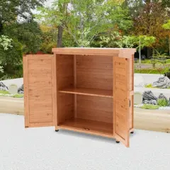 WELLFOR Outdoor Potting Bench with Storage Cabinet and Metal Table Top Light Brown