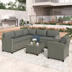 5pc Outdoor Wicker Conversation Set with Loveseats, Sofa, Arm Chair & Coffee Table - Gray - GODEER