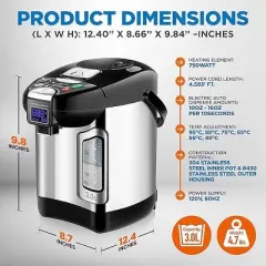 NutriChef Digital Water Boiler and Warmer - 3 Liter Stainless Electric Hot Water Dispenser w/ LCD Display