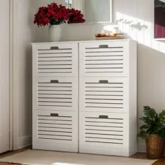 VANIRROR Wooden Shoe Cabinet for Entryway, White Shoe Storage Organizer with 3 Flip Doors, 20.94 x 9.45 x 43.11&rdquo; for Efficient Space-Saving