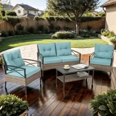 ELJGET 4 Pieces Outdoor Patio Furniture Set, Wicker Rattan Conversation Set with Table for Porch Deck, Blue