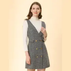 Allegra K Women's Elegant Vintage Button Front V Neck Plaid Tweed Overalls Pinafore Skirts