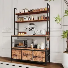 5-Tier Kitchen Bakers Rack with Charging Station & Drawers, Industrial Microwave Stand Coffee Bar, Utility Shelves with Hooks for Kitchen