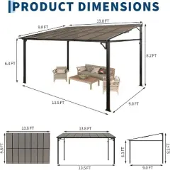 10x14ft Hardtop Lean-to Wall-Mounted Gazebo, All-Weather Pergola with 6mm Polycarbonate Roof & Reinforced Frame for Deck, Porch, Backyard, Garden