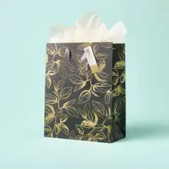 "Happily Ever After" Medium Bag Black/Gold - Spritz&trade;: Wedding Gift Bag, Floral Pattern, 12.75" Height