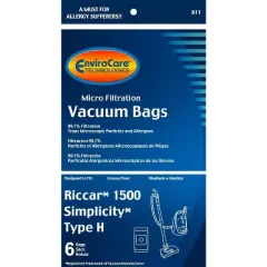 Riccar 1500 and Simplicty Type H Canisters Micro Filtration Vacuum Cleaner Dust Bags 6 Bags