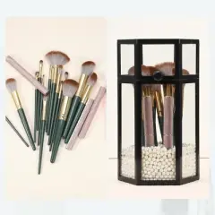 Unique Bargains Faux Pearl Decor Clear Dustproof Glass Makeup Brush Holder with Lid 1 Pc