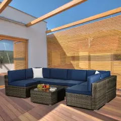 7pc Outdoor Rattan Wicker Seating Set with Cushions - Brown/Blue - GODEER