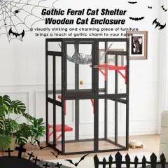 AZL1 Life Concept Pet Crates and Houses Gothic Feral Cat Shelter, Wooden Cat Enclosure, Kitten Cage Condo, Black, 33.3"*39.4"*63.8"
