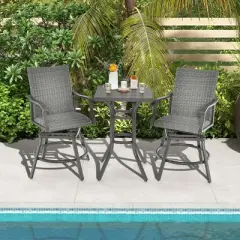Costway 3PCS Patio Rattan Bar Table Stools Set Aluminum 360&deg; Swivel Chairs with Padded Seat