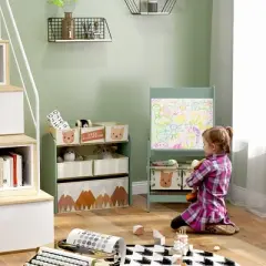 Qaba Kids Toy Organizer and Kids Easel Set with 6 Storage Bins, Paper Roll, Blackboard, Whiteboard, Cute Bear Design, for Ages 3-8 Years, Green