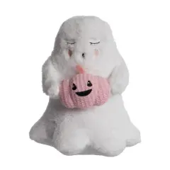 Transpac Plush Ghost with Pink Pumpkin Decorative Figurine for Halloween Indoor Tabletop Decor Soft Polyester Gift