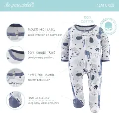 The Peanutshell Blue Safari Footed Baby Sleepers for Boys, 3-Pack